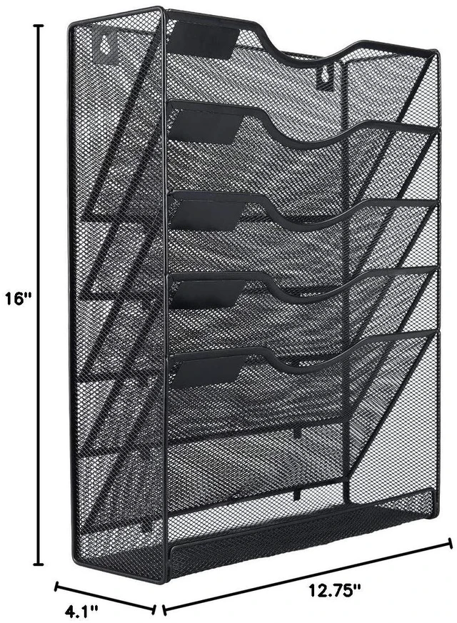 Alt view image 7 of 7 - 5 Tier Wall File Holder Mesh Hanging Folder Organizer with Classify Label, Versatile Desk File Holder, Vertical Wall Mounted Mail Organizer for Office Home Cubicle, Black, Closed Sides