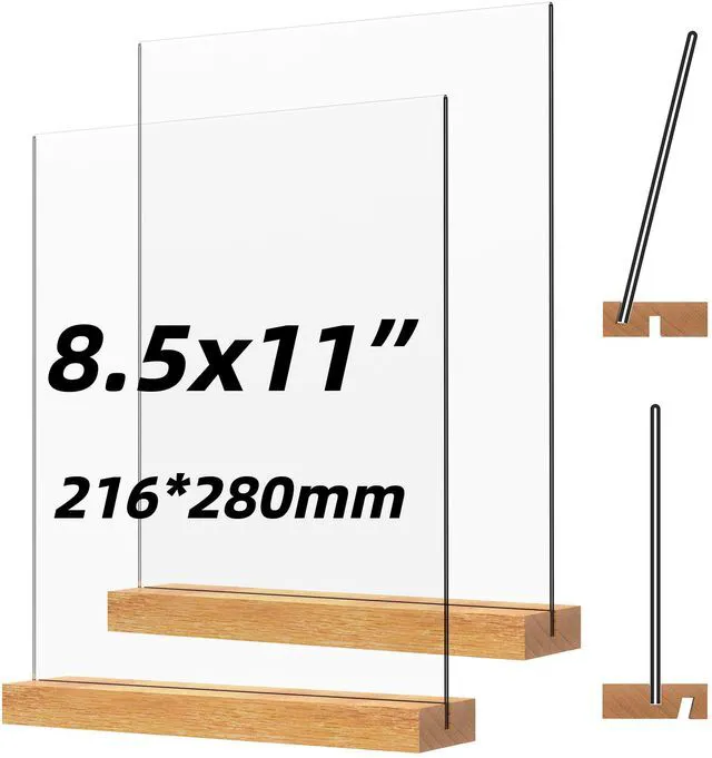 Main image of Acrylic Sign Holder with Wood Base 8.5x11 Inch Vertical and Slant Displays (2 Pack 8.5*11")