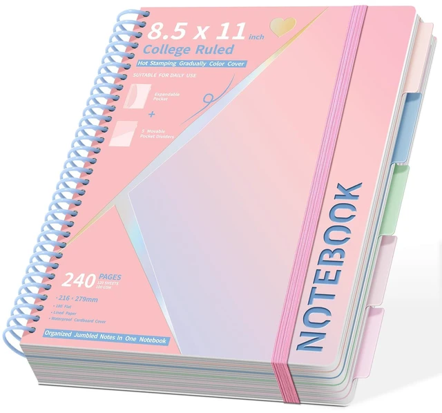 Main image of 5-Subject Hardcover Spiral Notebook, 8.5" x 11", College Ruled 240 college-ruled pages, 100 GSM paper, 5 removable dividers, inner pocket and protective metal corners
