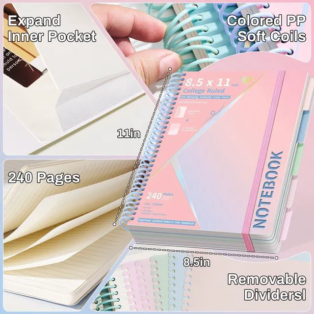 Alt view image 2 of 6 - 5-Subject Hardcover Spiral Notebook, 8.5" x 11", College Ruled 240 college-ruled pages, 100 GSM paper, 5 removable dividers, inner pocket and protective metal corners