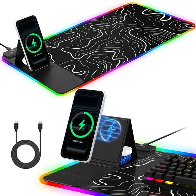 Main image of RGB Mouse Pad with Foldable Phone Stand Wireless Charger, 31.5"x11.8" XL Gaming Mousepad Large Desk Mat, Desk Pad with 11 Colors 5 Modes, Waterproof