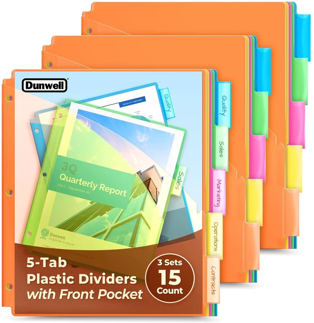 Main image of 5-Tab Pocket Dividers for 3-Ring Binders, 3 Sets, 15 Count 5 Insertable Tabs, 1 Storage Pocket per Divider, 3 Sets, Fits Standard 3-Ring Binders, Assorted Colors