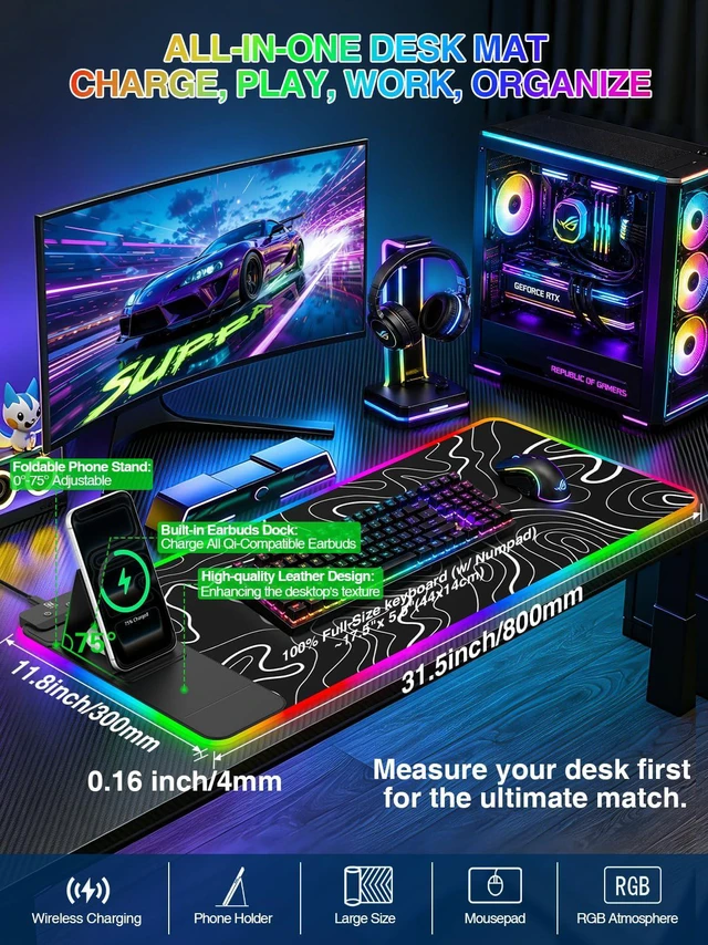 Alt view image 2 of 7 - RGB Mouse Pad with Foldable Phone Stand Wireless Charger, 31.5"x11.8" XL Gaming Mousepad Large Desk Mat, Desk Pad with 11 Colors 5 Modes, Waterproof