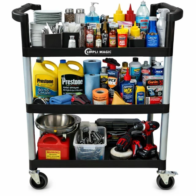 Main image of Rolling Utility Cart on Wheels, Heavy Duty Multi-Purpose Service Cart, Silver & Black, Garage, Warehouse & Commercial Use
