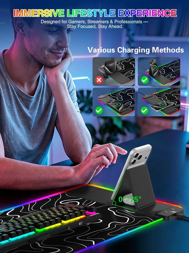 Alt view image 7 of 7 - RGB Mouse Pad with Foldable Phone Stand Wireless Charger, 31.5"x11.8" XL Gaming Mousepad Large Desk Mat, Desk Pad with 11 Colors 5 Modes, Waterproof