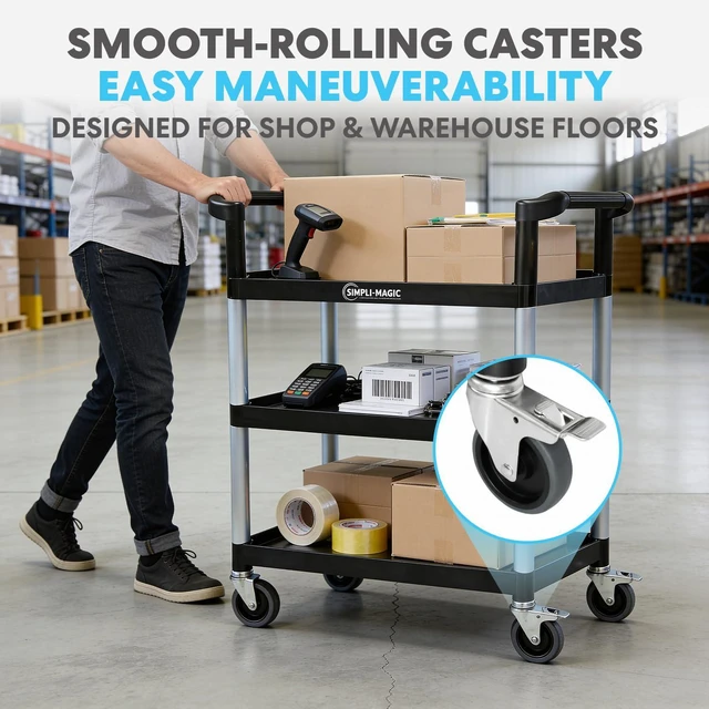 Alt view image 3 of 6 - Rolling Utility Cart on Wheels, Heavy Duty Multi-Purpose Service Cart, Silver & Black, Garage, Warehouse & Commercial Use
