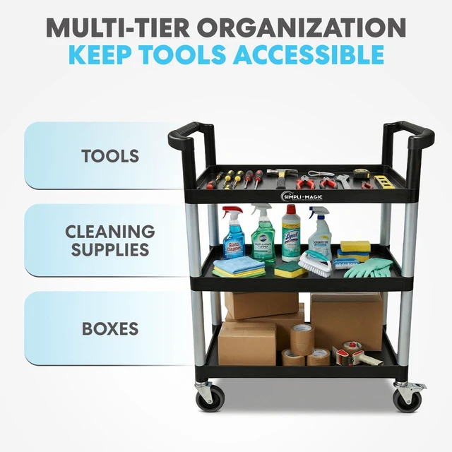 Alt view image 4 of 6 - Rolling Utility Cart on Wheels, Heavy Duty Multi-Purpose Service Cart, Silver & Black, Garage, Warehouse & Commercial Use
