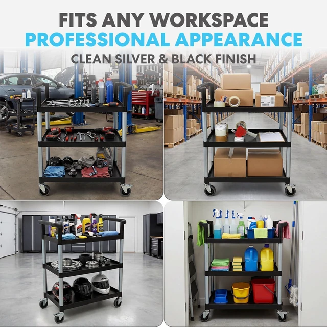 Alt view image 6 of 6 - Rolling Utility Cart on Wheels, Heavy Duty Multi-Purpose Service Cart, Silver & Black, Garage, Warehouse & Commercial Use