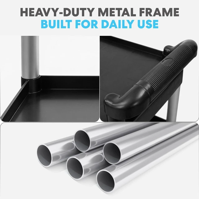 Alt view image 5 of 6 - Rolling Utility Cart on Wheels, Heavy Duty Multi-Purpose Service Cart, Silver & Black, Garage, Warehouse & Commercial Use