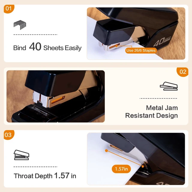 Alt view image 5 of 7 - Stapler, Effortless Staplers for Desk, Heavy Duty Staplers, Black 40 Sheet Capacity,One Touch, No Effort, Easy to Load,With 2000 Staples & Staple Remover, Good for Office, Home Use