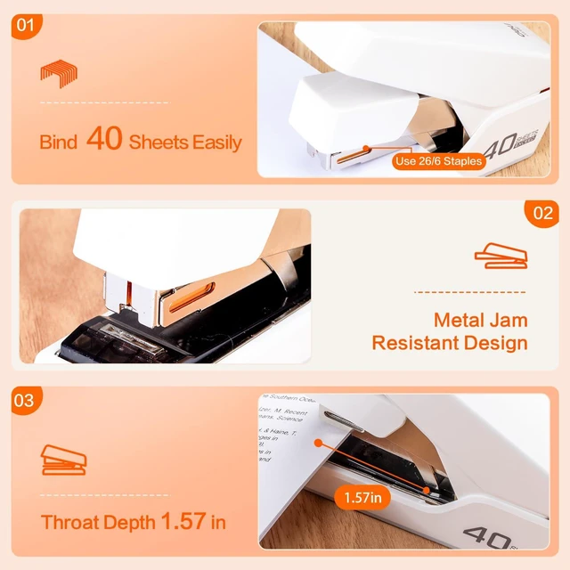 Alt view image 5 of 7 - Stapler, Effortless Staplers for Desk, Heavy Duty Staplers, White 40 Sheet Capacity, One Touch, No Effort, Easy to Load, With 2000 Staples & Staple Remover, Good for Office, Home Use