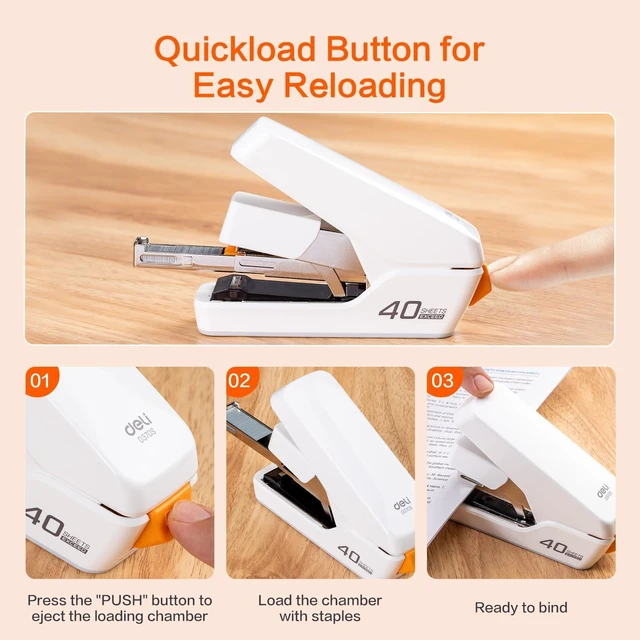 Alt view image 6 of 7 - Stapler, Effortless Staplers for Desk, Heavy Duty Staplers, White 40 Sheet Capacity, One Touch, No Effort, Easy to Load, With 2000 Staples & Staple Remover, Good for Office, Home Use