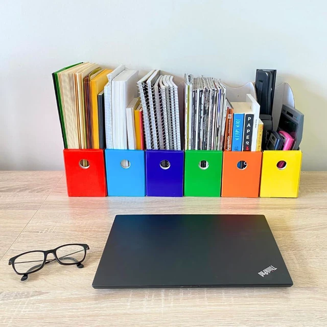 Alt view image 2 of 7 - Magazine File Holders, Multicolor Cardboard Desk Organizer, 24-Pack Set of 24 multicolor cardboard file holders features 4-inch-wide storage and upgraded double front panels for added stability