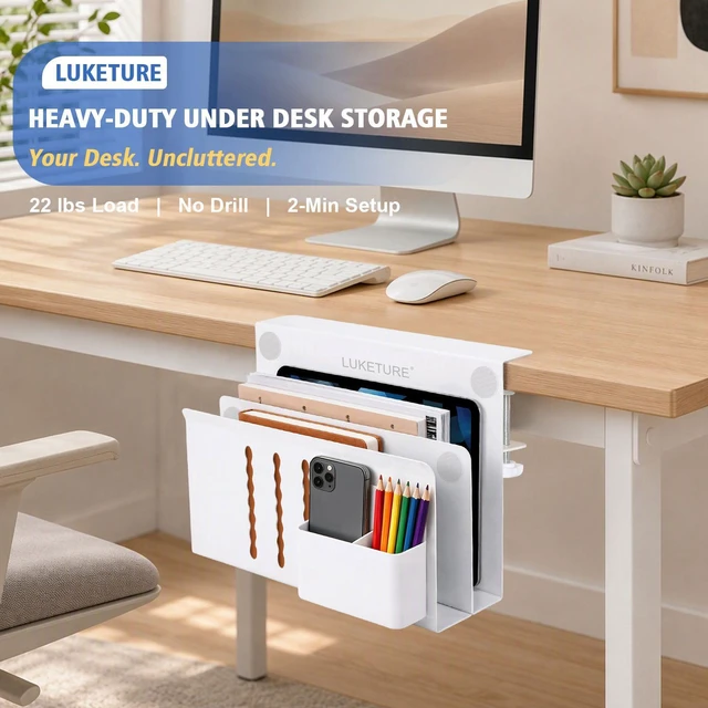 Alt view image 4 of 7 - Desk Side Storage, 2 Tier Under Desk Laptop Mount with Pen Slot Sturdy Steel Double Tier Strong, Magnetic Pen Holder, No Drill Clamp for Standing Desk Organizer, Fits 0.3-2.8" (White)