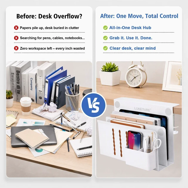 Alt view image 5 of 7 - Desk Side Storage, 2 Tier Under Desk Laptop Mount with Pen Slot Sturdy Steel Double Tier Strong, Magnetic Pen Holder, No Drill Clamp for Standing Desk Organizer, Fits 0.3-2.8" (White)