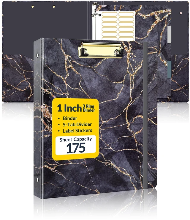 Main image of 1 Inch Binder with Dividers, Cute Binder with Clipboard, Three Ring Binder Organizer, 5 Tab Dividers, 18 Labels and 2 Pockets, Letter Size for School and Office Supplies,Black Marble Design