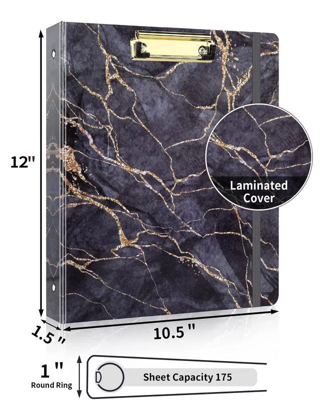 Alt view image 2 of 7 - 1 Inch Binder with Dividers, Cute Binder with Clipboard, Three Ring Binder Organizer, 5 Tab Dividers, 18 Labels and 2 Pockets, Letter Size for School and Office Supplies,Black Marble Design