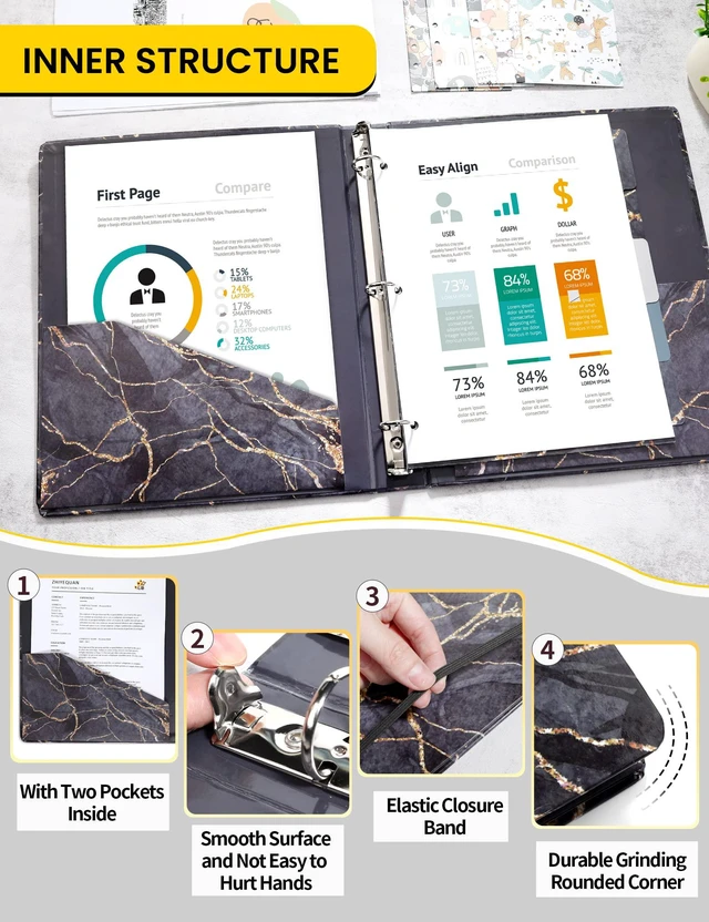 Alt view image 3 of 7 - 1 Inch Binder with Dividers, Cute Binder with Clipboard, Three Ring Binder Organizer, 5 Tab Dividers, 18 Labels and 2 Pockets, Letter Size for School and Office Supplies,Black Marble Design