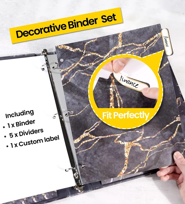 Alt view image 4 of 7 - 1 Inch Binder with Dividers, Cute Binder with Clipboard, Three Ring Binder Organizer, 5 Tab Dividers, 18 Labels and 2 Pockets, Letter Size for School and Office Supplies,Black Marble Design