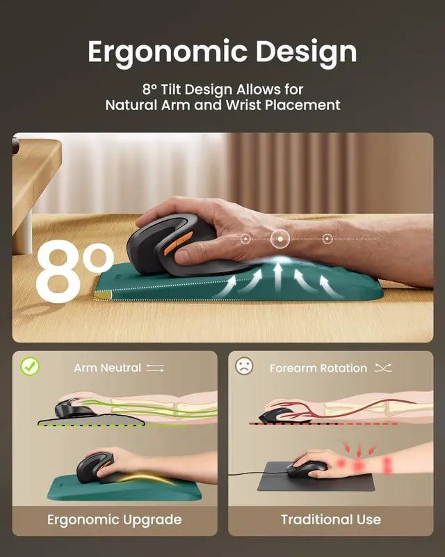 Alt view image 2 of 7 - MP50 Ergonomic Mouse Pad with Wrist Support, Lycra Surface, Green 8° slope & massage points, soft memory foam, Large 12x8 Inches, Non-slip base. Relieves wrist strain for office & home