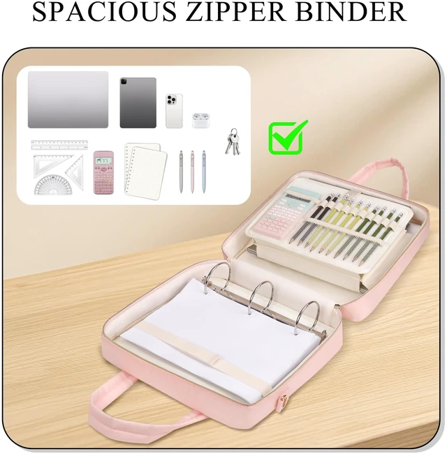 Alt view image 6 of 7 - Zipper Binder | 3 Inch O-Ring, 600 Sheet Capacity Trapper Keeper with Shoulder Strap & Handle, Binder Bag with Multiple Storage Pockets, Fits 13" Laptop (Pink)