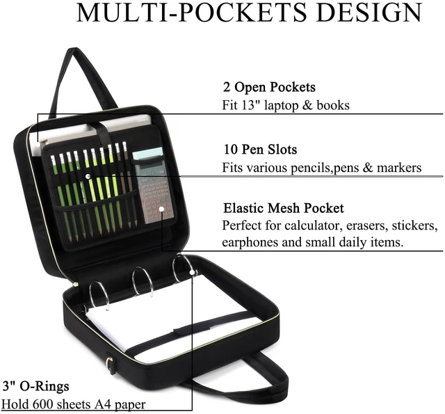 Alt view image 4 of 7 - Zipper Binder | 3 Inch O-Ring, 600 Sheet Capacity Trapper Keeper with Shoulder Strap & Handle, Binder Bag with Multiple Storage Pockets, Fits 13" Laptop (Black)