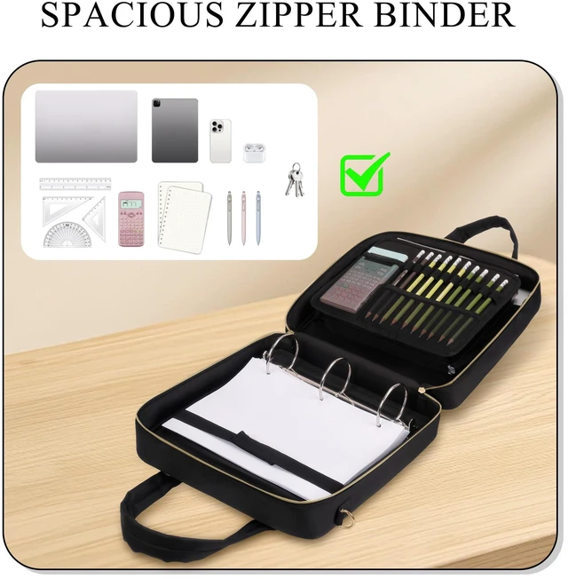 Alt view image 6 of 7 - Zipper Binder | 3 Inch O-Ring, 600 Sheet Capacity Trapper Keeper with Shoulder Strap & Handle, Binder Bag with Multiple Storage Pockets, Fits 13" Laptop (Black)