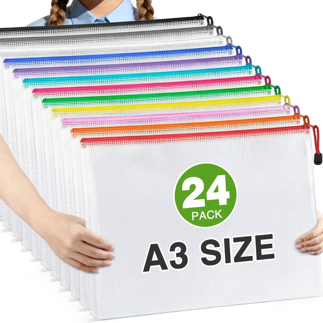 Main image of 24 Pack A3 Mesh Zipper Bags, 16.9x12.4 12 Colors Storage Pouches Reusable A3 Storage Bags Hold Puzzle Pieces, Board Games, Toys and Crafts; 12 Colors Simplify Family Organization and Storage
