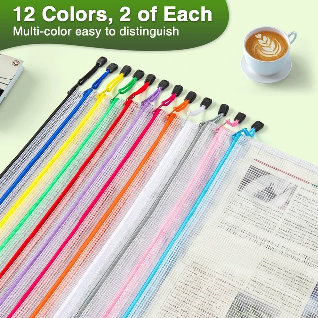 Alt view image 3 of 7 - 24 Pack A3 Mesh Zipper Bags, 16.9x12.4 12 Colors Storage Pouches Reusable A3 Storage Bags Hold Puzzle Pieces, Board Games, Toys and Crafts; 12 Colors Simplify Family Organization and Storage