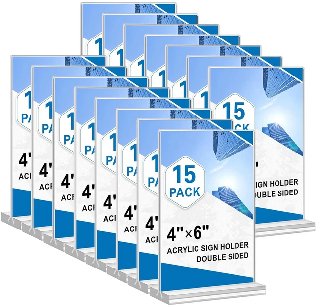 Main image of Acrylic Sign Holder 4x6, 15 Pack Clear Double Sided Menu Vertical Display Stand, Desktop Paper Holder Suitable for Restaurants, Office, Store, Show Fair