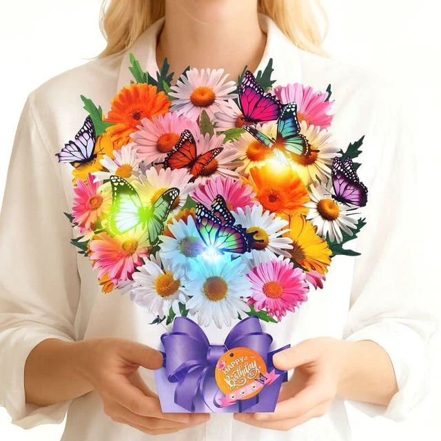 Main image of Birthday Cards, Butterfly & Daisy Birthday Card with Music and Light, Flower Bouquet 3D Card for Women Mom Wife