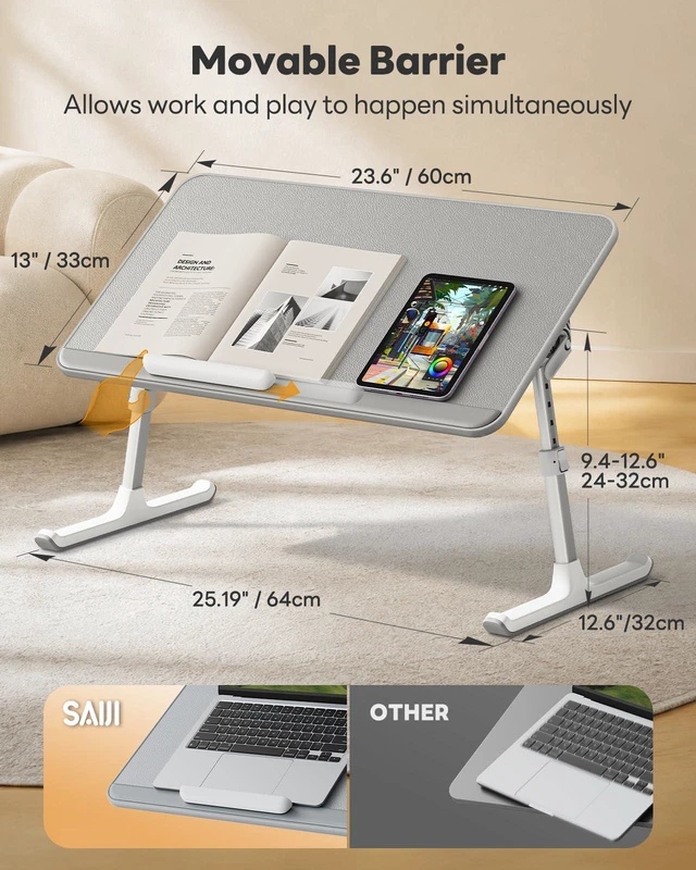 Alt view image 4 of 7 - Non-Slip Leather Laptop Bed Tray Table,Lap Desk with Laptop Stopper Portable Height & Angle Adjustable Laptop Stand with Foldable Legs, Notebook Stand Reading Desk for Sofa Couch