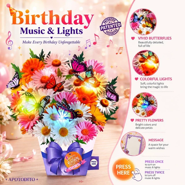 Alt view image 2 of 7 - Birthday Cards, Butterfly & Daisy Birthday Card with Music and Light, Flower Bouquet 3D Card for Women Mom Wife