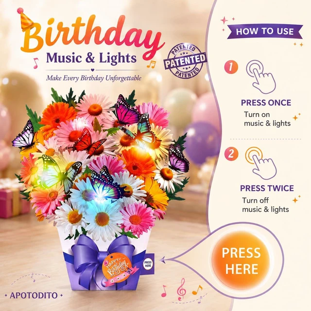 Alt view image 4 of 7 - Birthday Cards, Butterfly & Daisy Birthday Card with Music and Light, Flower Bouquet 3D Card for Women Mom Wife