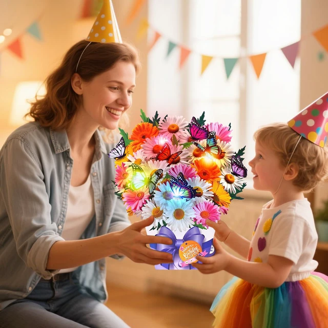 Alt view image 5 of 7 - Birthday Cards, Butterfly & Daisy Birthday Card with Music and Light, Flower Bouquet 3D Card for Women Mom Wife