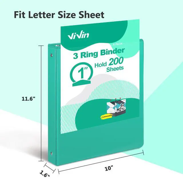 Alt view image 2 of 7 - 1 Inch Round Ring View Binder for Durability, 6-Pack (Lake Green) Standard 3 Ring Binder for 200 Sheets of US Letter Size Paper, PVC-Free, Clear View Cover, Office Home School Use