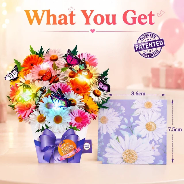 Alt view image 7 of 7 - Birthday Cards, Butterfly & Daisy Birthday Card with Music and Light, Flower Bouquet 3D Card for Women Mom Wife