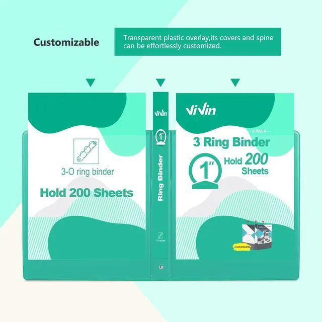 Alt view image 4 of 7 - 1 Inch Round Ring View Binder for Durability, 6-Pack (Lake Green) Standard 3 Ring Binder for 200 Sheets of US Letter Size Paper, PVC-Free, Clear View Cover, Office Home School Use