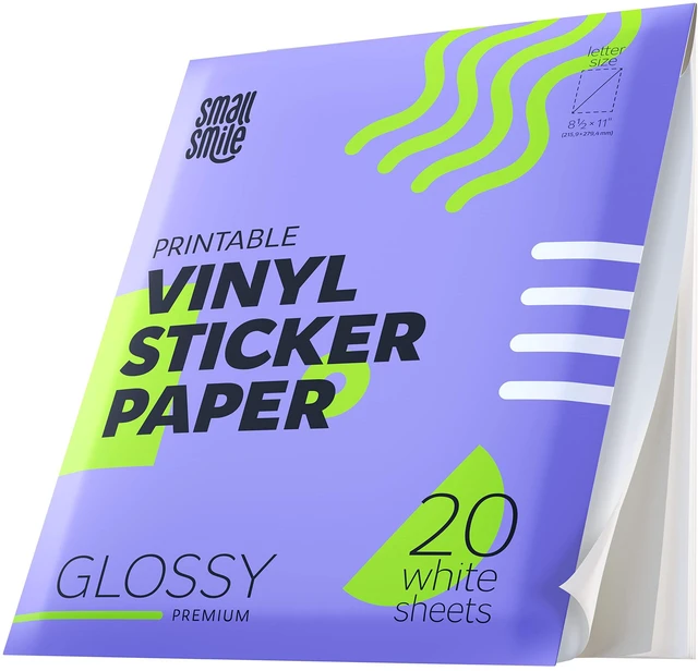 Main image of Premium Printable Vinyl Sticker Paper for Inkjet Printer and Laser - 20 White Glossy Sticker Paper Waterproof - Durability Adhesive Paper 8.5 x 11, Fast Dry, Holds Ink Well, Great for Cutting Machines
