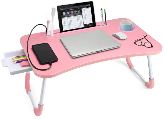 Main image of Bed Desk for Laptop and Writing with Storage, Cup Holder, Light Fan, Pen Holder,Tablet Holder,Foldable, for Bed, Couch, Floor, Portable,Pink