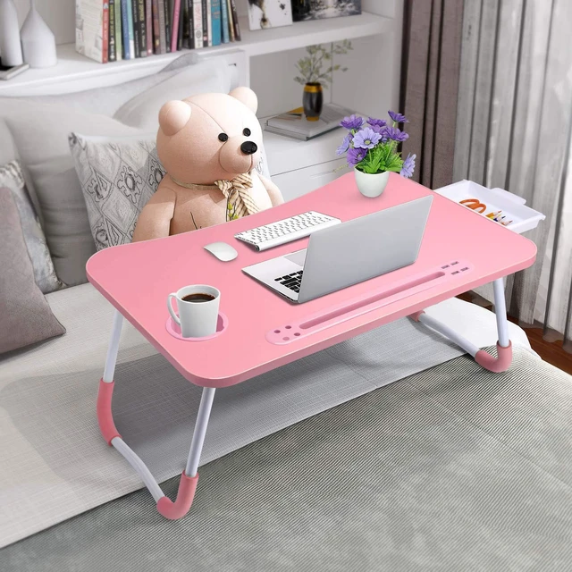 Alt view image 3 of 7 - Bed Desk for Laptop and Writing with Storage, Cup Holder, Light Fan, Pen Holder,Tablet Holder,Foldable, for Bed, Couch, Floor, Portable,Pink