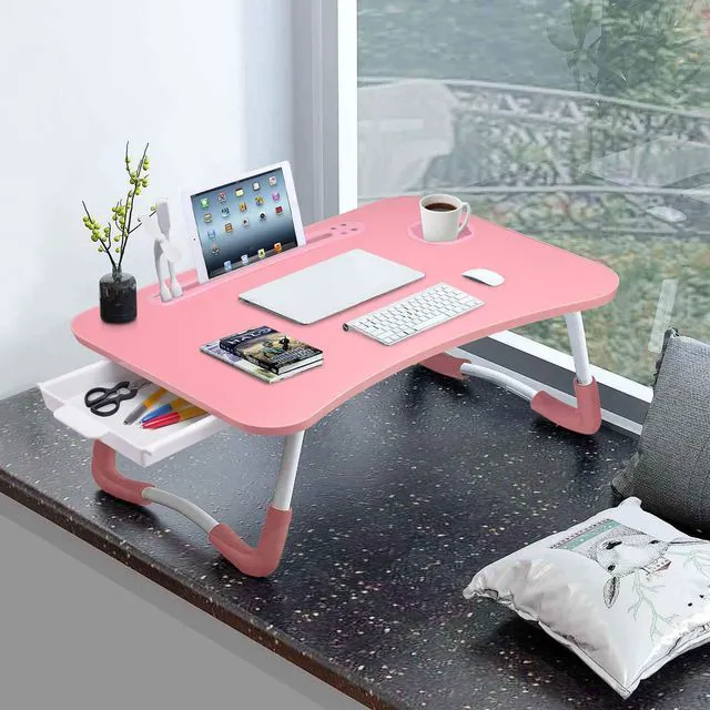 Alt view image 2 of 7 - Bed Desk for Laptop and Writing with Storage, Cup Holder, Light Fan, Pen Holder,Tablet Holder,Foldable, for Bed, Couch, Floor, Portable,Pink