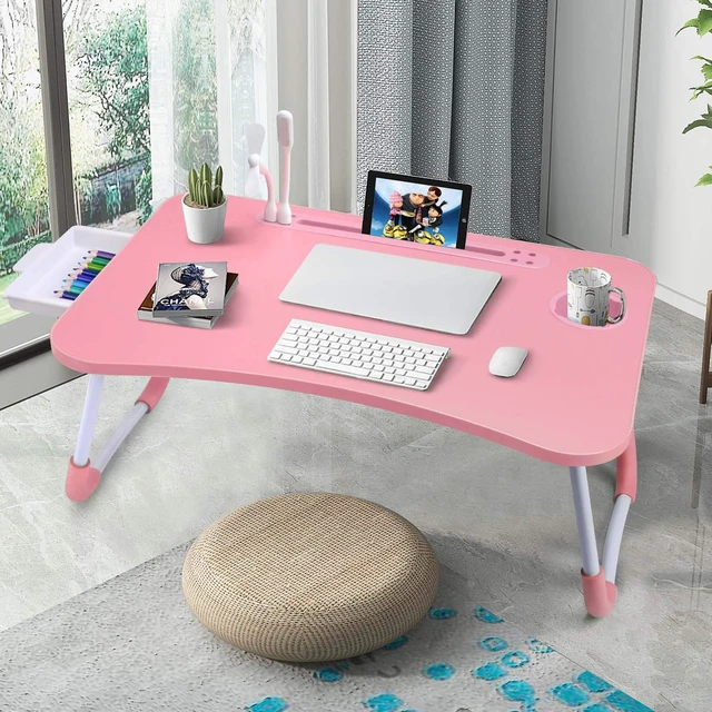 Alt view image 4 of 7 - Bed Desk for Laptop and Writing with Storage, Cup Holder, Light Fan, Pen Holder,Tablet Holder,Foldable, for Bed, Couch, Floor, Portable,Pink