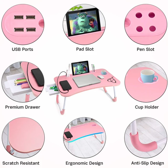 Alt view image 5 of 7 - Bed Desk for Laptop and Writing with Storage, Cup Holder, Light Fan, Pen Holder,Tablet Holder,Foldable, for Bed, Couch, Floor, Portable,Pink