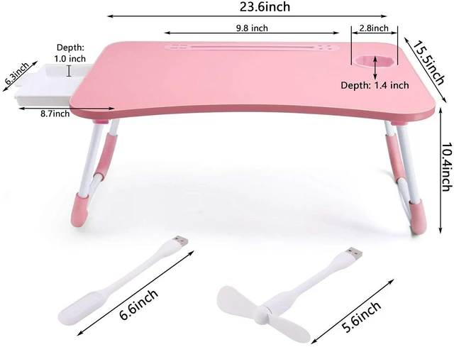 Alt view image 6 of 7 - Bed Desk for Laptop and Writing with Storage, Cup Holder, Light Fan, Pen Holder,Tablet Holder,Foldable, for Bed, Couch, Floor, Portable,Pink