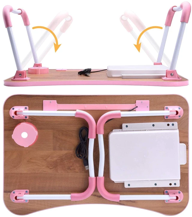 Alt view image 7 of 7 - Bed Desk for Laptop and Writing with Storage, Cup Holder, Light Fan, Pen Holder,Tablet Holder,Foldable, for Bed, Couch, Floor, Portable,Pink