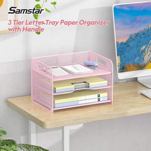 Alt view image 2 of 6 - 3 Tier Pink Letter Tray Paper Organizer with Handle, Mesh Desk Organizer Paper Sorter File Rack Shelves, Pink