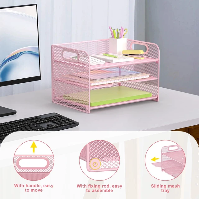Alt view image 3 of 6 - 3 Tier Pink Letter Tray Paper Organizer with Handle, Mesh Desk Organizer Paper Sorter File Rack Shelves, Pink