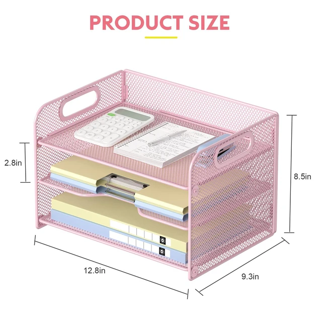 Alt view image 4 of 6 - 3 Tier Pink Letter Tray Paper Organizer with Handle, Mesh Desk Organizer Paper Sorter File Rack Shelves, Pink