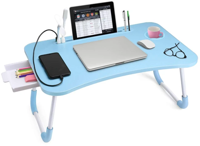 Main image of Bed Desk for Laptop and Writing with Storage, Cup Holder, Light Fan, Pen Holder,Tablet Holder,Foldable, for Bed, Couch, Floor, Portable, Blue
